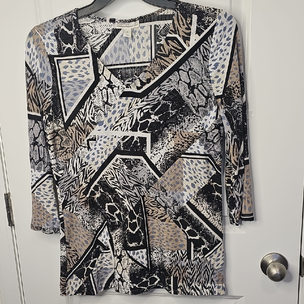 Dana Buchman Black and Tan Geometric Long Sleeve Top Size M